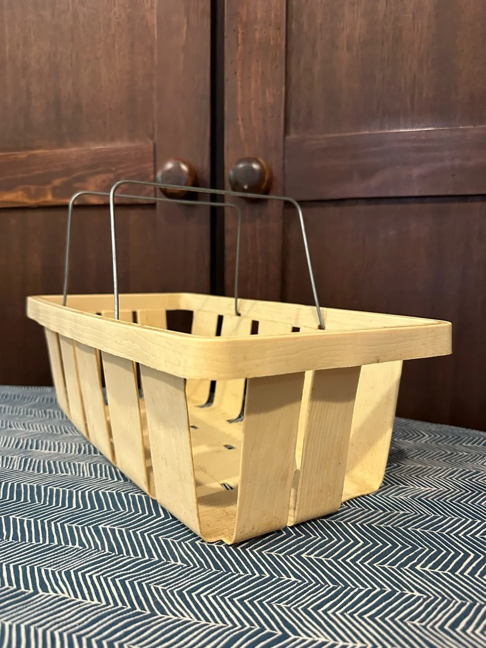 Faux wood • apple crate • metal handles • basket